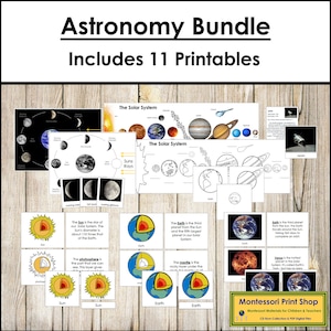 Astronomiebundel (3-delige kaarten, boeken en grafieken) - wetenschap - afdrukbare montessorikaarten - digitale download