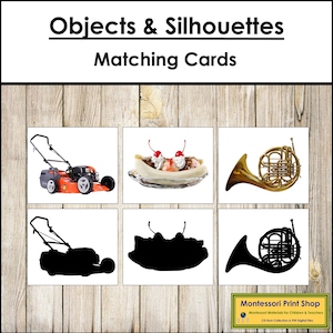 Jeu de cartes assorties Silhouette 2 (objets) - matériaux Montessori pour tout-petits imprimables - téléchargement numérique