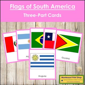 Montessori Flags of South America 3-Part Cards [color-coded] - Geography Continent Cards (Digital Download)