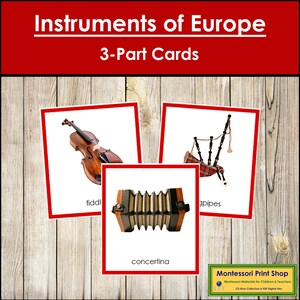 Strumenti musicali d'Europa (codificati a colori) - Schede dei continenti - Geografia - Schede Montessori stampabili - Download digitale
