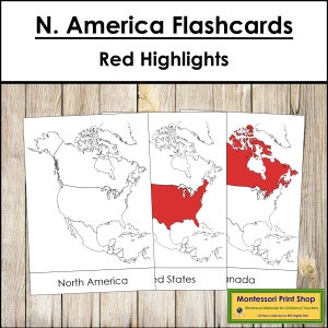Nordamerika Karteikarten (Rot) - Geographie - Druckbare Montessori Materialien - Digitaler Download
