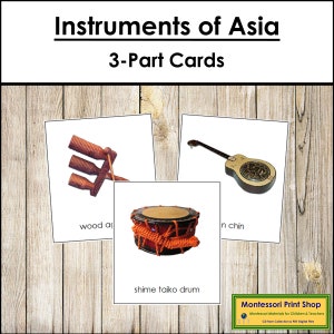 Instrumentos Musicais da Ásia - Cartões Montessori Continente - Geografia - Cartões Montessori para Imprimir - Download Digital
