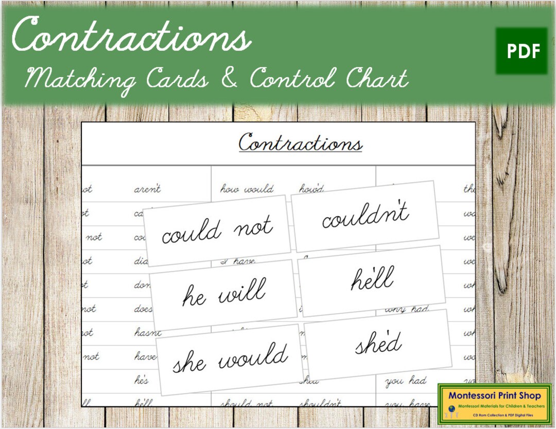 Contractions Matching Cards & Control Chart cursive Etsy
