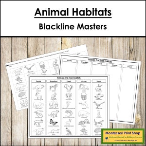 Animais e seus habitats Blackline Masters - Zoologia - Cartões Montessori para impressão - Download digital