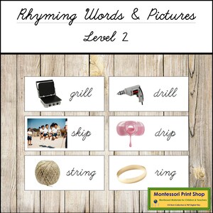 Palabras e imágenes que riman, nivel 2 (cursiva) - Lenguaje Montessori - Materiales Montessori imprimibles - Descarga digital