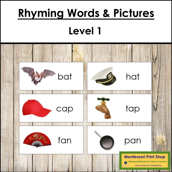 Rhyming Words & Pictures Level 1 - Montessori Language - Printable Montessori Materials - Digital Download