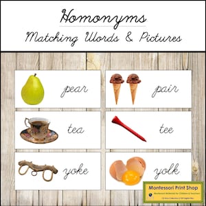 Mots homonymes et cartes illustrées (cursive) - grammaire Montessori - matériel Montessori imprimable - téléchargement numérique