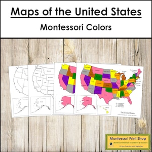 Landkarten der Vereinigten Staaten von Amerika (Farbe & Schwarzlinie) - Montessori Geographie - Druckbare Montessori Materialien - Digitaler Download