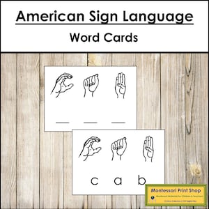 Cartões de palavras da linguagem de sinais americana - Materiais Montessori para impressão - Download digital