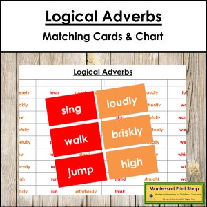 Cartes de correspondance des adverbes logiques (code couleur) - grammaire Montessori - matériel Montessori imprimable - téléchargement numérique