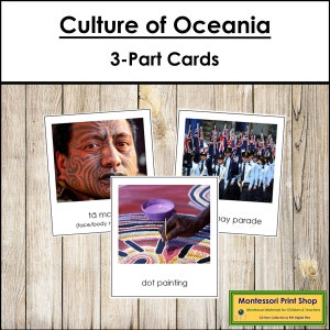 Cultura da Austrália/Oceania - Cartões Continentais Montessori - Geografia - Cartões Montessori para Imprimir - Download Digital