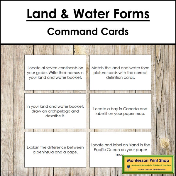 Tarjetas de comando de forma terrestre y acuática (tarjetas de tareas) - Geografía Montessori - Materiales Montessori imprimibles - Descarga digital