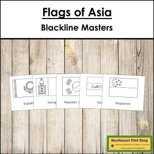 Bandiere dell'Asia Blackline Masters - Geografia - Schede Montessori stampabili - Download digitale