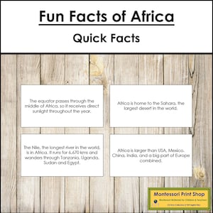 Curiosidades sobre a África - Cartões Montessori Continentais - Geografia - Cartões Montessori para Imprimir - Download Digital