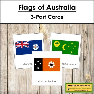 Bandeiras da Austrália - Cartões Continentais Montessori - Geografia - Cartões Montessori para Imprimir - Download Digital
