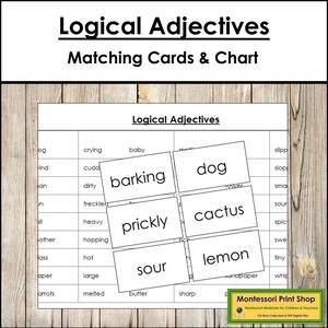 Tarjetas de correspondencia de adjetivos lógicos - Gramática Montessori - Materiales Montessori imprimibles - Descarga digital