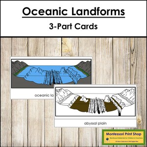 Schede in 3 parti sulla nomenclatura delle forme terrestri oceaniche - Materiali Montessori stampabili - Download digitale