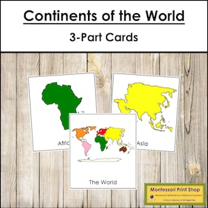 Kontinente der Welt 3-teilige Karten (farblich gekennzeichnet) - Montessori Geographie - Druckbare Montessori Materialien - Digitaler Download
