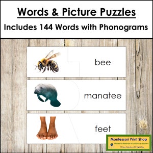 Palabras y rompecabezas de imágenes con fonogramas - Lenguaje Montessori - Fonética - Materiales Montessori imprimibles - Descarga digital