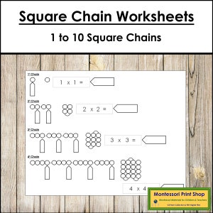 Feuilles de travail de la chaîne carrée Montessori - Mathématiques primaires - Matériaux Montessori imprimables - Téléchargement numérique