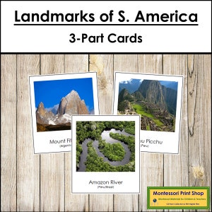 Punti di riferimento del Sud America - Carte Montessori sui continenti - Geografia - Carte Montessori stampabili - Download digitale