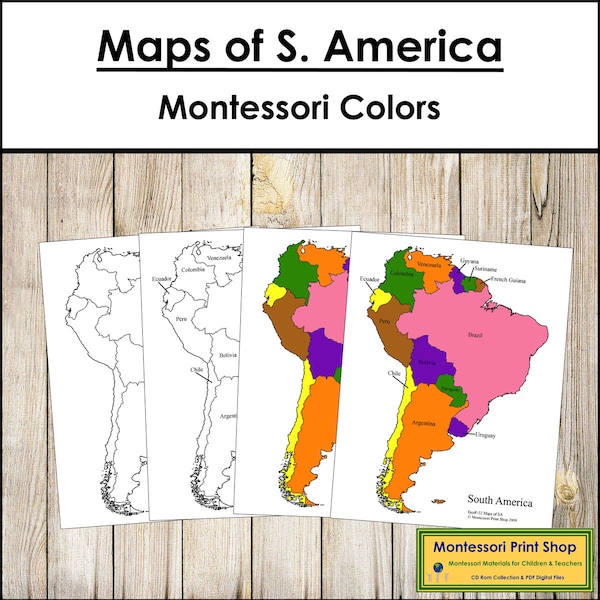 Karten von Südamerika (Color & Blackline) - Montessori Geographie - Druckbare Montessori Materialien - Digitaler Download