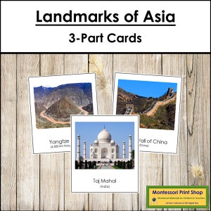Monuments d'Asie - Cartes Montessori Continent - Géographie - Cartes Montessori imprimables - Téléchargement numérique