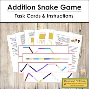Tarjetas de tareas e instrucciones para el juego de la serpiente de suma (codificadas por colores) - Matemáticas de primaria - Tarjetas Montessori imprimibles - Descarga digital