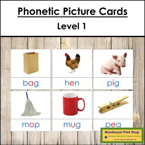 Phonetic Picture Cards Level 1 (red vowels) - Montessori Language - Printable Montessori Materials - Digital Download