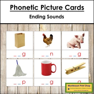 Cartes illustrées phonétiques (sons de fin) niveau 1 - langue Montessori - matériel Montessori imprimable - téléchargement numérique