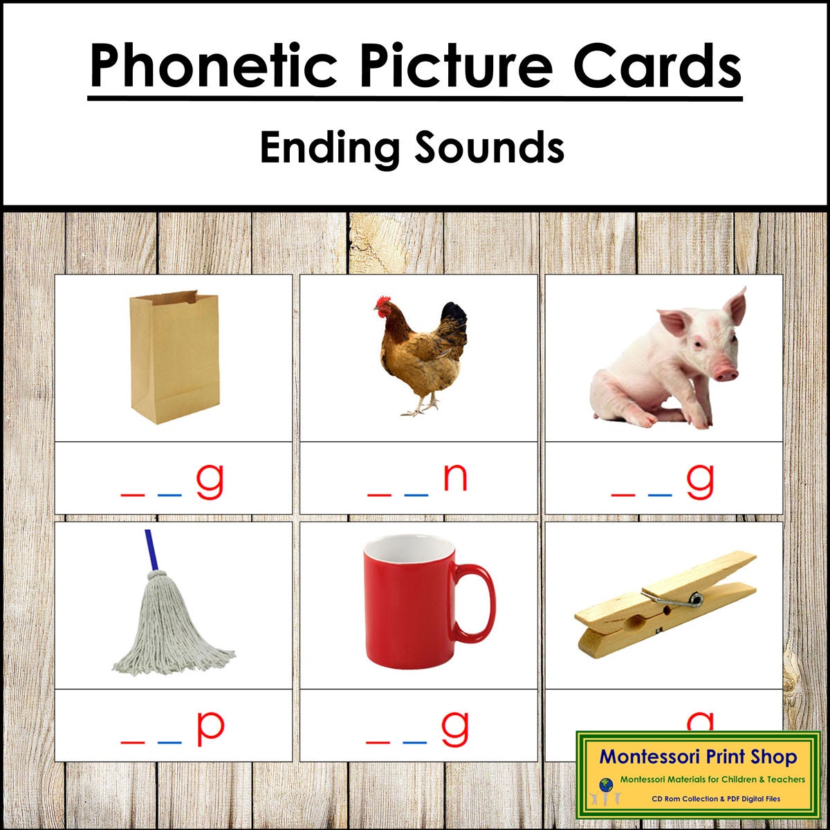 Phonetic Picture Cards (Ending Sounds) Level 1 - Montessori Language - Printable Montessori Materials - Digital Download