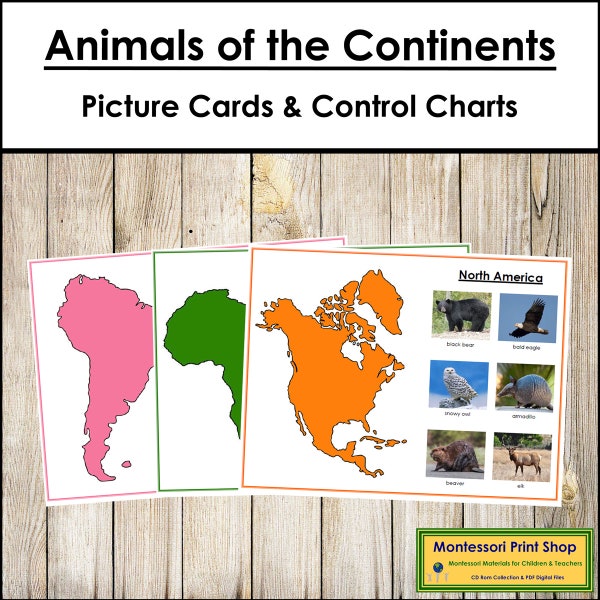 Animals of the Continents Set 2 (color-coded) - Montessori Geography & Zoology - Printable Montessori Materials - Digital Download