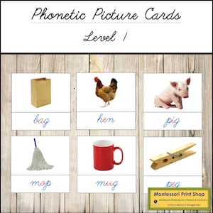 Cartes illustrées phonétiques niveau 1 (cursif) bleu/rouge - langage Montessori - matériel Montessori imprimable - téléchargement numérique