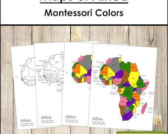 Cartes de l'Afrique (couleur et ligne noire) - Géographie Montessori - Matériaux Montessori imprimables - Téléchargement numérique