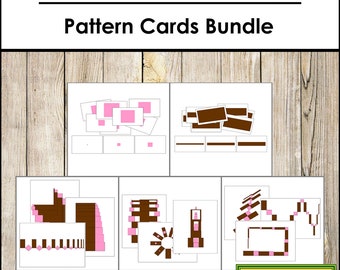 May include: Pink Tower and Brown Stair pattern cards for Montessori education. The cards show different patterns using pink and brown squares. The cards are designed to help children learn about patterns and sequences.
