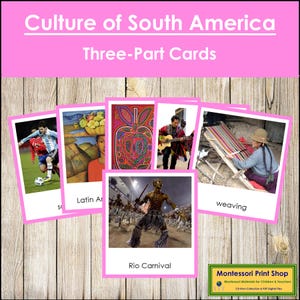 Montessori Culture of South America 3-Part Cards [color-coded] - Geography Continent Cards (Digital Download)