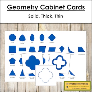 Tarjetas y tabla de geometría (sólida, línea gruesa, línea fina) - Geometría primaria - Tarjetas Montessori imprimibles - Descarga digital