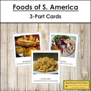 Alimentos da América do Sul - Cartões Continentais Montessori - Geografia - Cartões Montessori para Imprimir - Download Digital