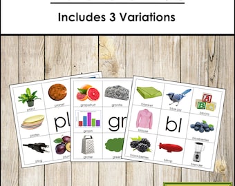 Op de afbeelding: Drie sets met afdrukbare lettermengmatten met afbeeldingen. Elke set heeft negen vierkanten met een afbeelding en een woord. De woorden zijn "plant", "planet", "plates", "plug", "plum", "grater", "grapefruit", "graph", "green", "granite", "blanket", "blouse", "blackberries", "blue jay", "blocks", "blueberries", "blimp", "blender".