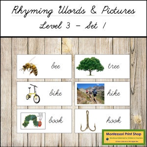 Palabras e imágenes que riman, nivel 3, serie 1 (cursiva) - Lenguaje Montessori - Materiales Montessori imprimibles - Descarga digital