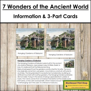 Zeven wereldwonderen - geschiedenis - afdrukbare montessorikaarten - digitale download
