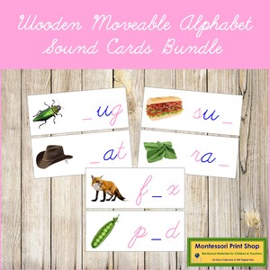 Pacchetto di carte audio con alfabeto mobile in legno rosa/blu (corsivo) - Lingua principale - Carte Montessori stampabili - Download digitale