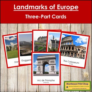 Montessori Landmarks of Europe 3-Part Cards [color-coded] - Geography Continent Cards (Digital Download)