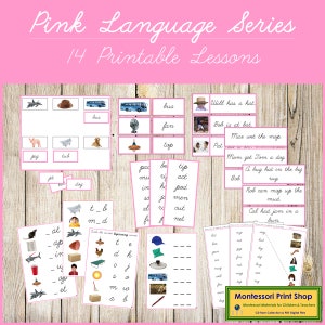Paquete de la serie de lenguaje fonético Montessori rosa en CURSIVA (Fotos) - Fonética primaria - Tarjetas Montessori imprimibles - Descarga digital