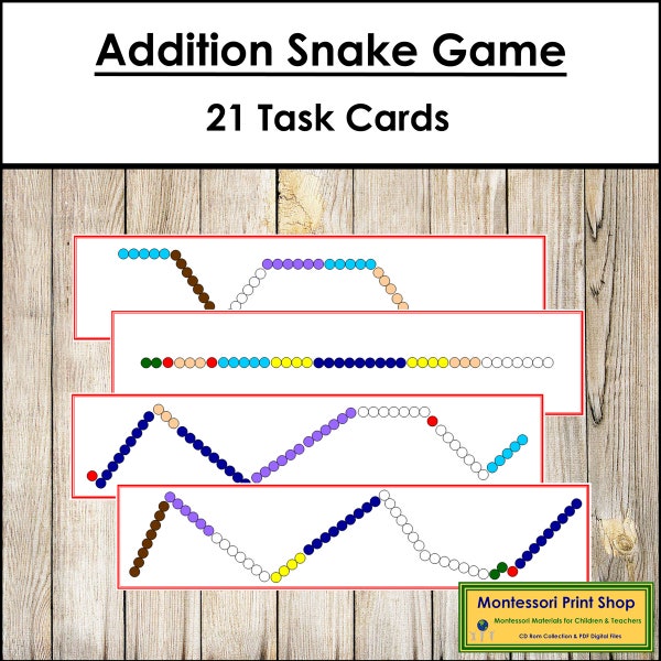 Toevoeging Snake Game Task Cards (kleurgecodeerd) - Primaire wiskunde - Afdrukbare Montessorikaarten - Digitale download