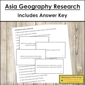 Asia Geography Research Cards - Geography - Printable Montessori Materials - Digital Download