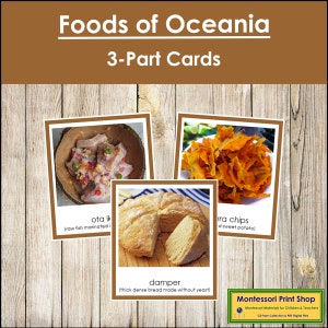 Cibo dell'Australia/Oceania (codificato a colori) - Schede Montessori sui continenti - Geografia - Schede Montessori stampabili - Download digitale