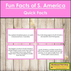 Curiosità sul Sud America (codificate a colori) - Carte Montessori sui continenti - Geografia - Carte Montessori stampabili - Download digitale
