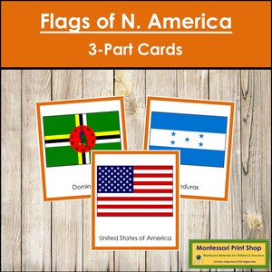 Drapeaux de l'Amérique du Nord (code couleur) - Cartes Montessori Continent - Géographie - Cartes Montessori imprimables - Téléchargement numérique