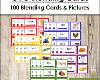 May include: A set of 100 CVC blending cards with pictures. The cards are color-coded and feature different CVC words, such as "wax", "vet", "jam", "hen", "tot", "bed", "pod", "bun", "log", "jug", "pig", "nut", "fig", and "tin".